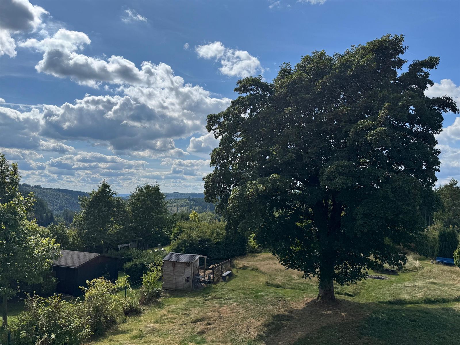 Summer view across the garden of Haus Astenalm towards the Rothaar Mountains panorama